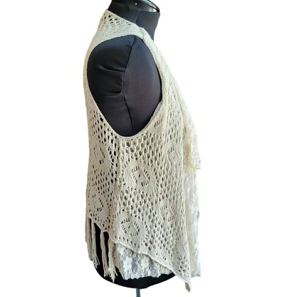 Festival Vest - Crochet and Lace Fringe Cardigan - Bohemian Boho Beige Size XL - Picture 4 of 6
